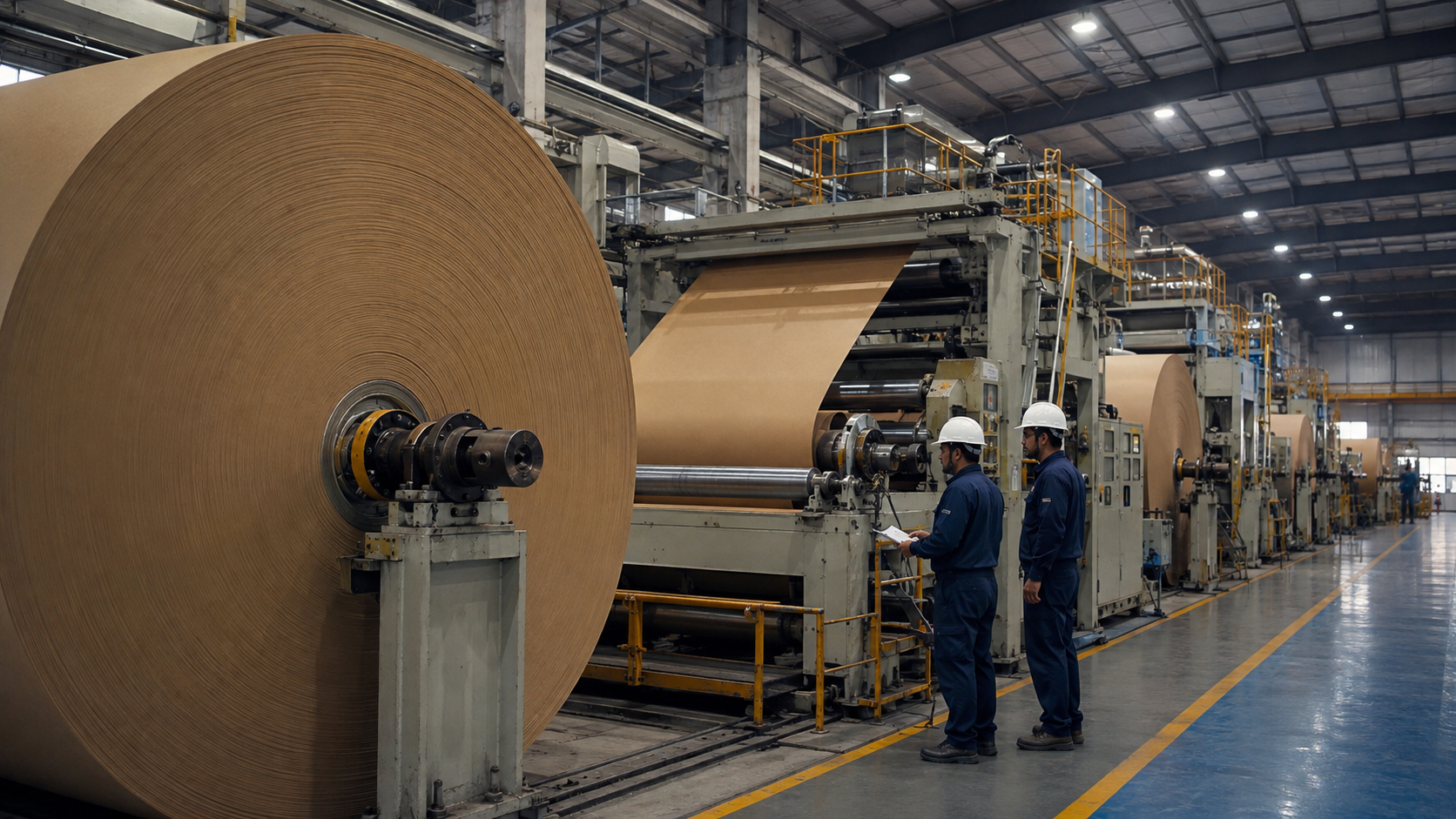 Kraft paper rolls on a corrugation line in an Indian factory