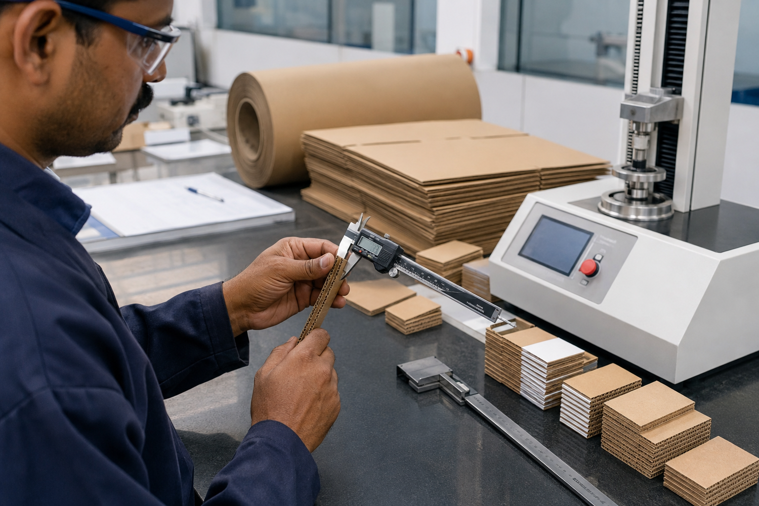 Quality technician measuring corrugated board in a packaging laboratory